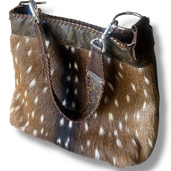 Axis Deer Hide Tooled Leather Tote Upcycled Louis Vuitton Inserts